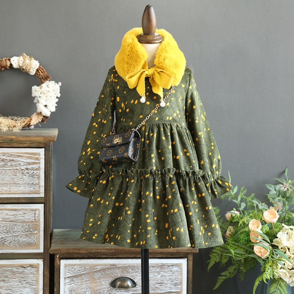 Velvet thickened dress with exquisite fur collar