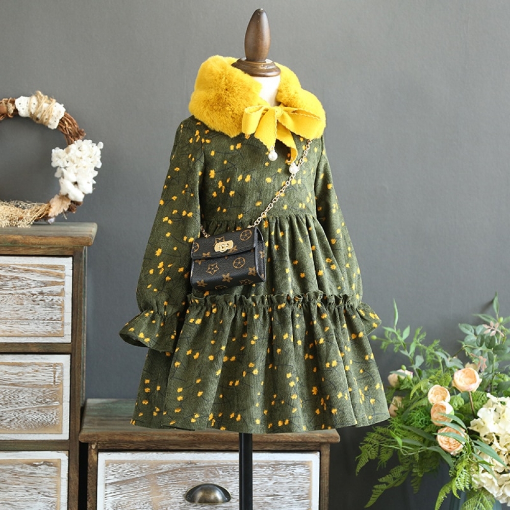Velvet thickened dress with exquisite fur collar