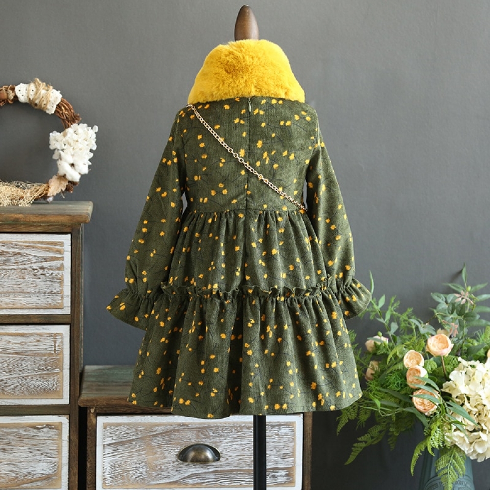 Velvet thickened dress with exquisite fur collar