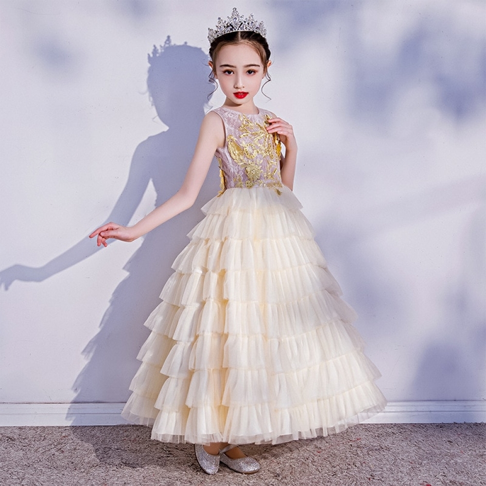Girls Round Neck Lace Layered Dress
