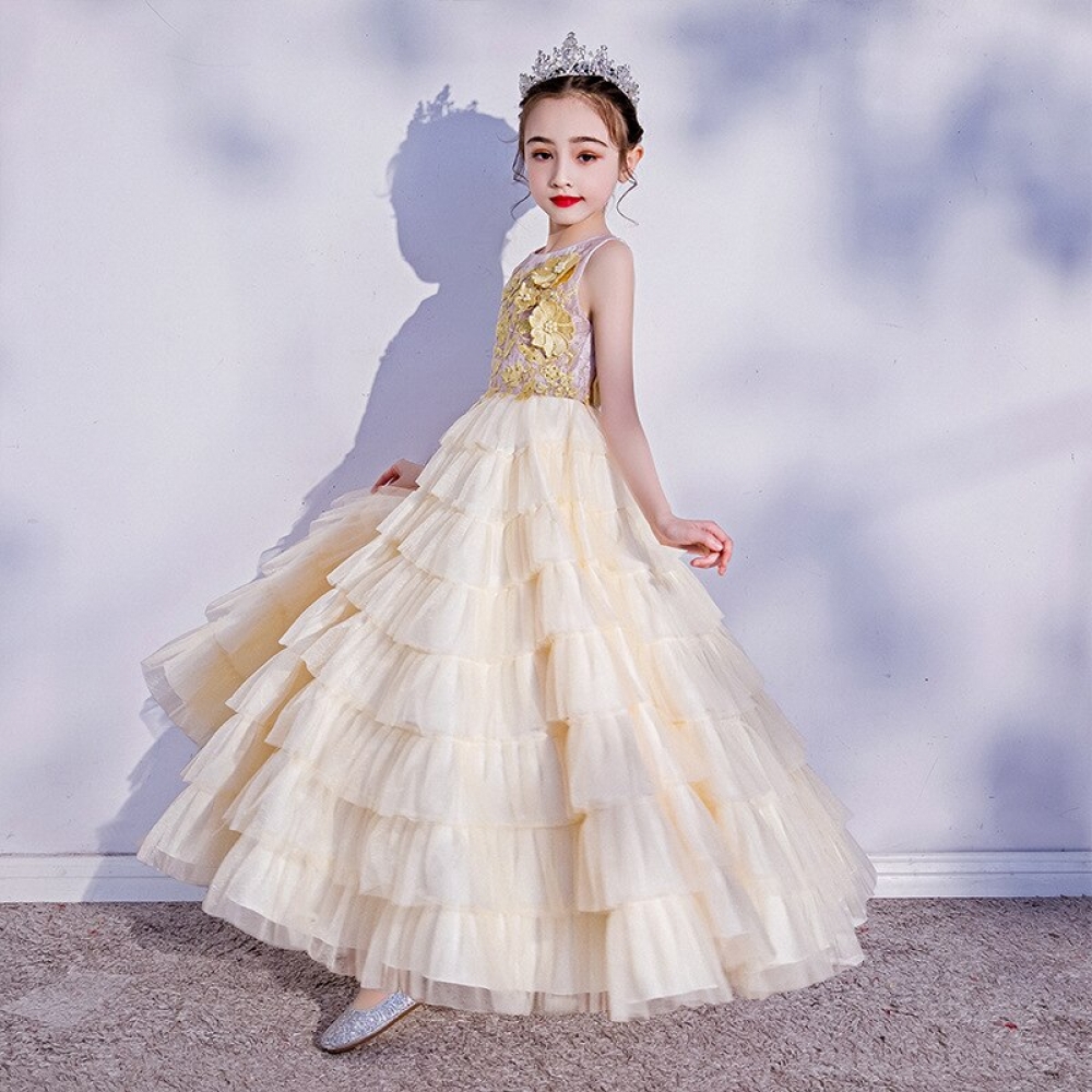 Girls Round Neck Lace Layered Dress
