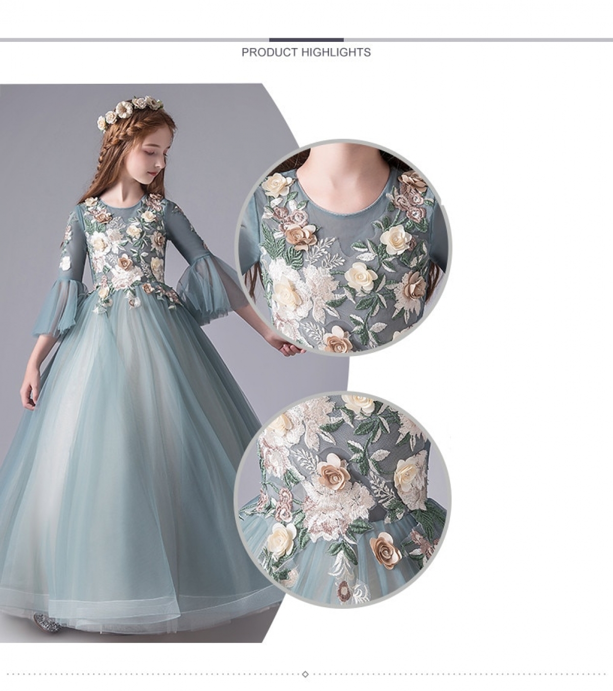 Embroidered Long Tulle Kids and Girl Gown