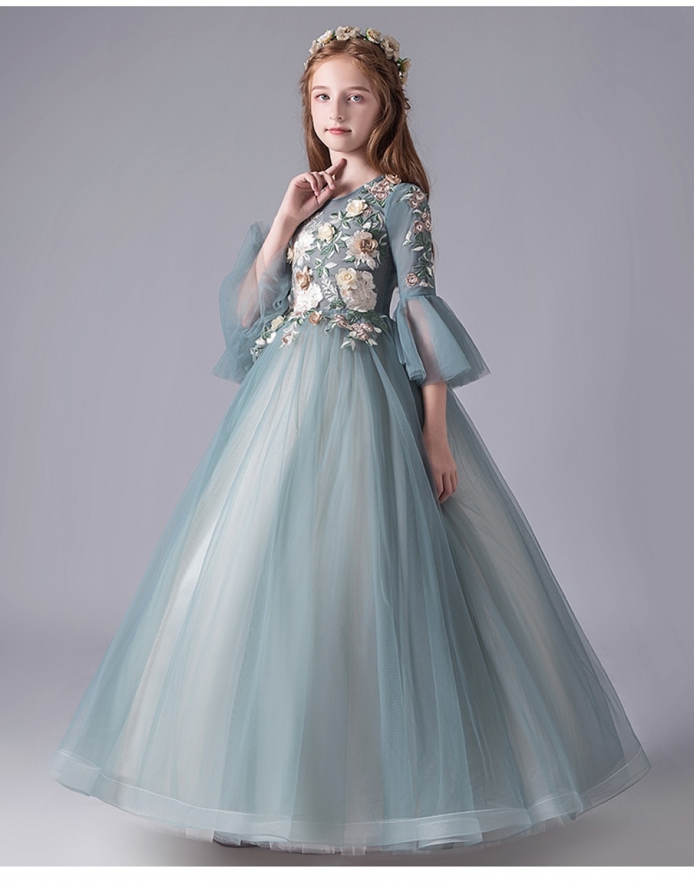 Embroidered Long Tulle Kids and Girl Gown